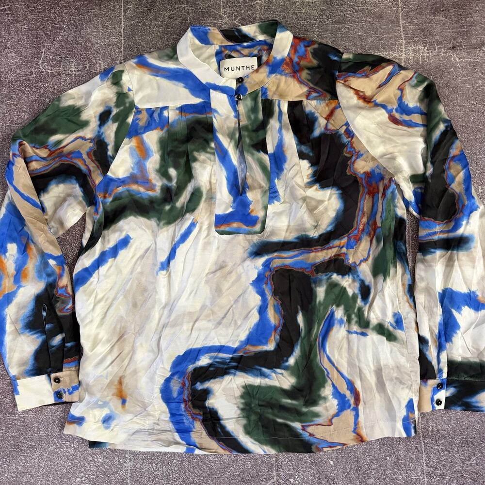 Women's Munthe Silk Viscose Ciella White Black Abstract Long Sleeve Top Sz 42